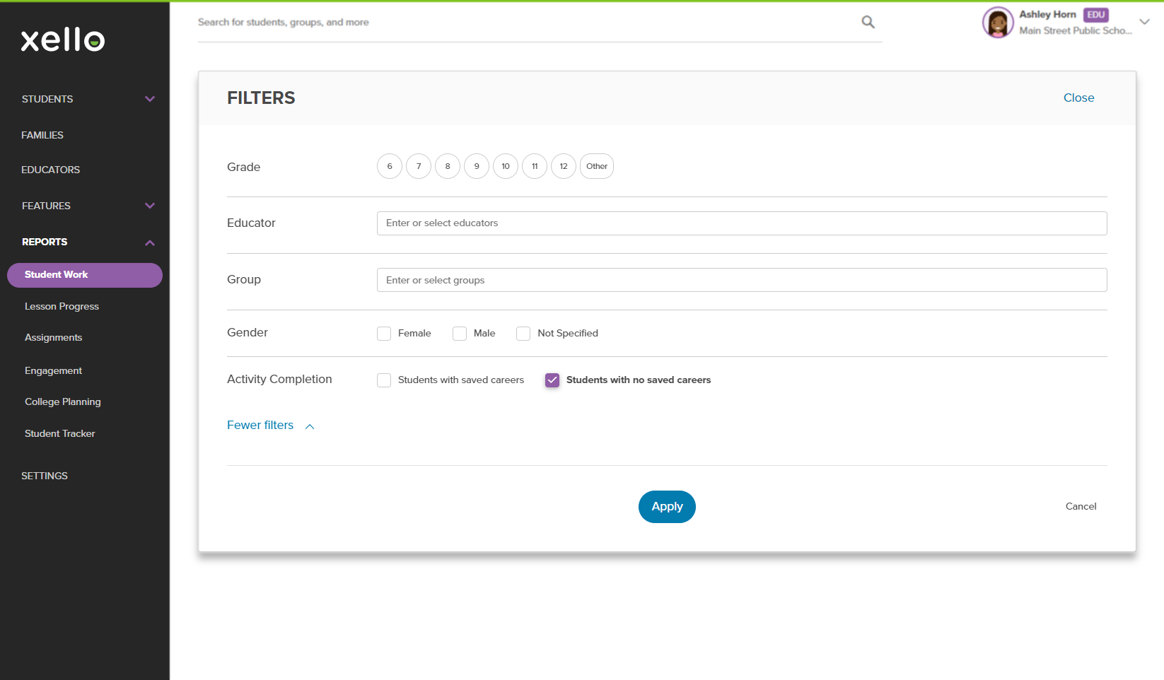 Filters menu open with the filters "Students with assessment results" and "Students without assessment results" selected